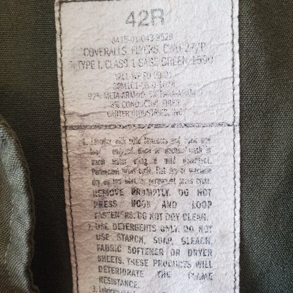 Flight Suit 42R Military Green Coveralls Overalls Mens Fly CWU-27P Type L Class1 - Picture 4 of 13